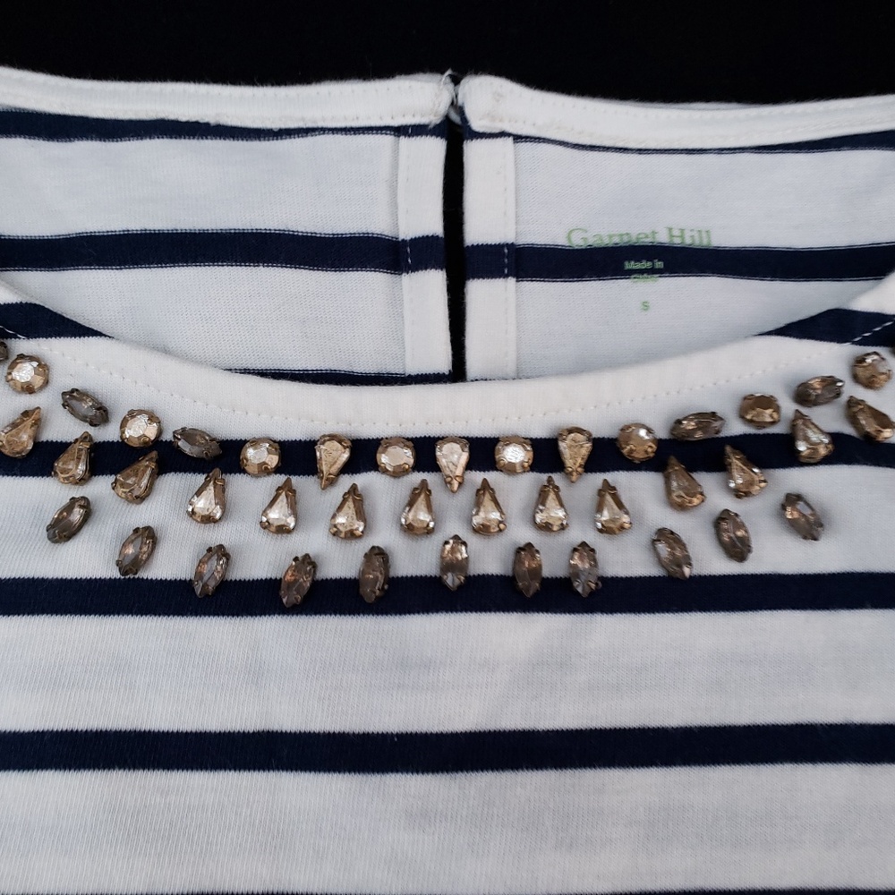Garnet Hill White and Navy Embellished Tank